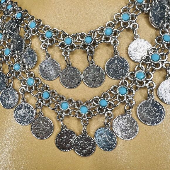 Lucky & Blessed Bohemian Floral Blue Silver Coin Layered Dangle Bib Necklace L&B - Picture 4 of 16